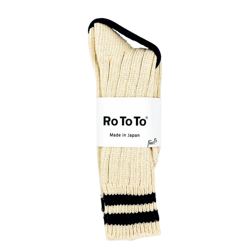 Rototo 'Two Stripes Low Raw' Socks - Ecru/Navy